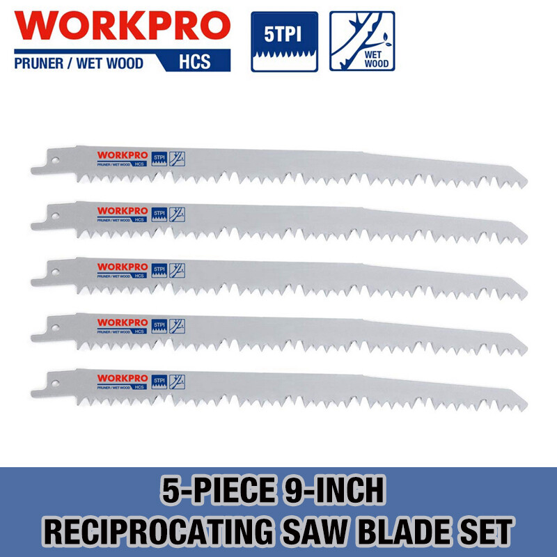WORKPRO 5PC 9-in Wood Pruning Reciprocating Saw Blade 5TPI Steel Saw Blades NEW