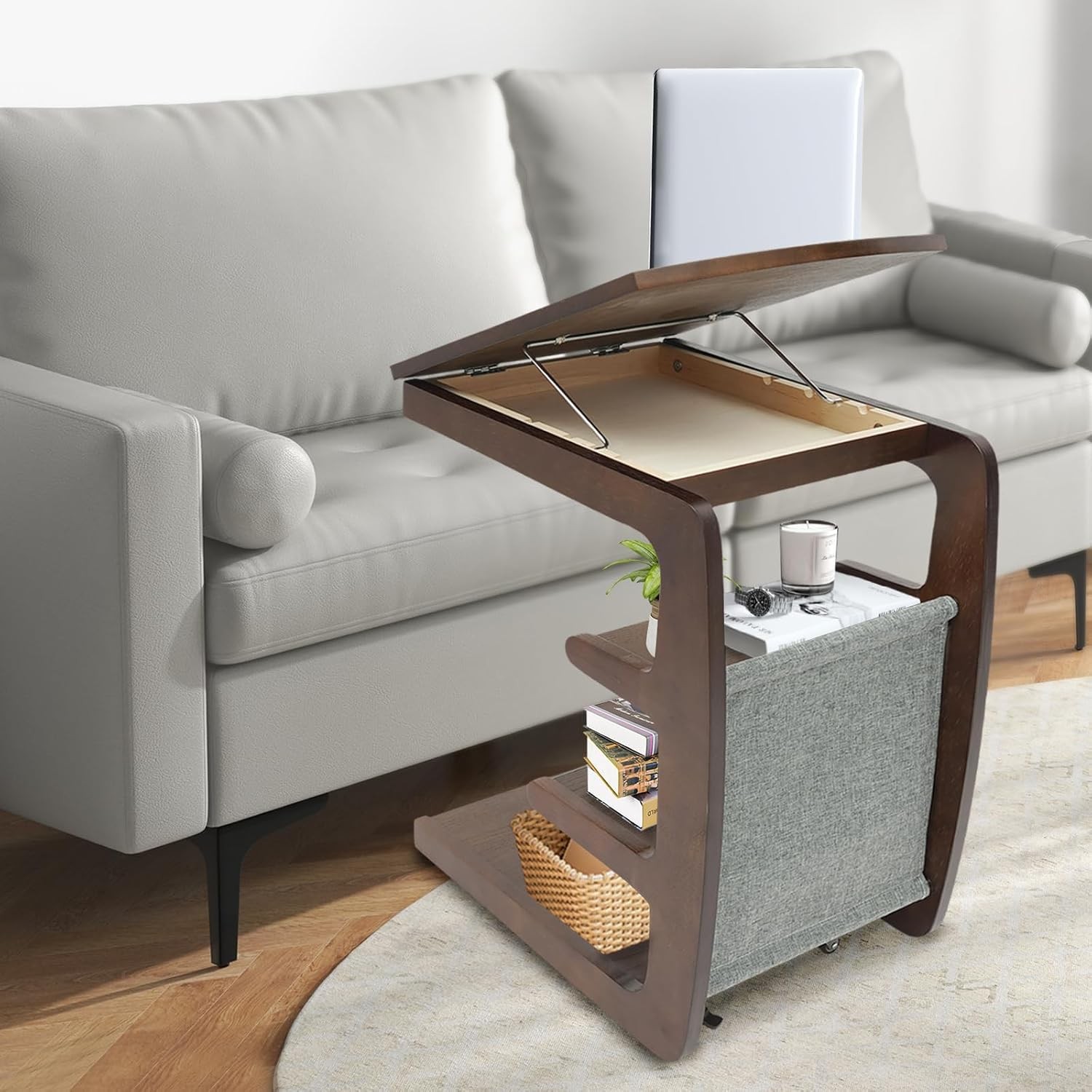 4-Tier C-Shaped End Table w/ Wheels End Table w/ Concealed Storage Compartment