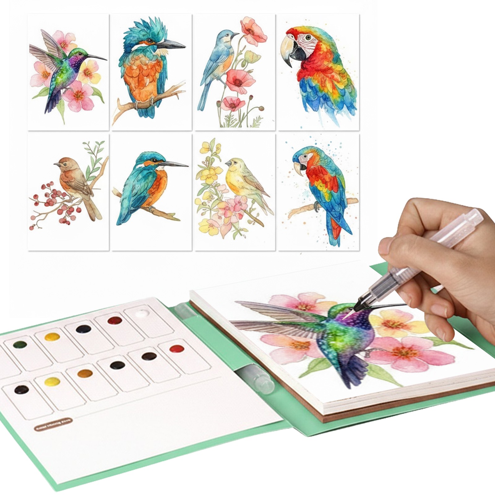 Watercolor Coloring Book Water Color Paper Book Paint Set (Flower and Bird)