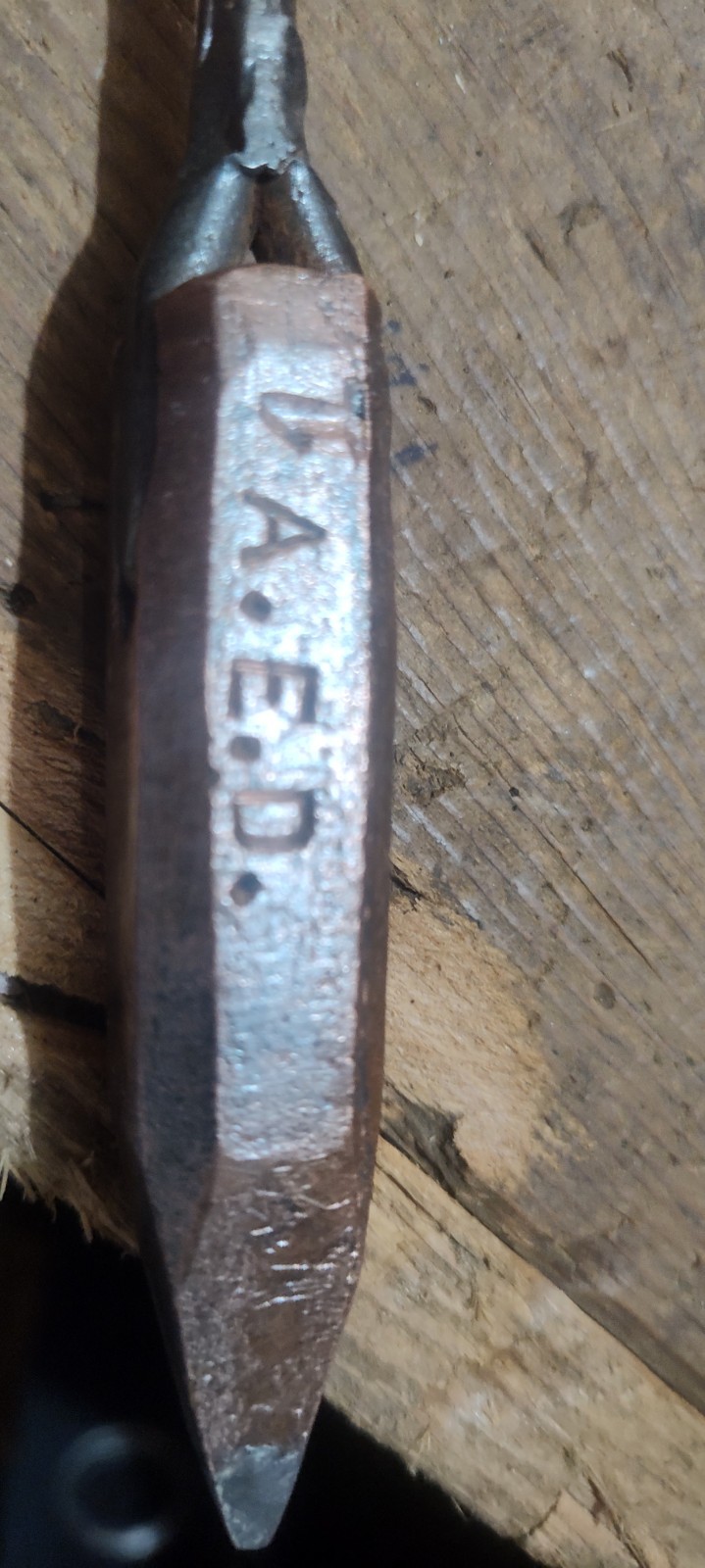 Soldering iron, flame heated copper tip with wood handle, Initial D.A.E .D