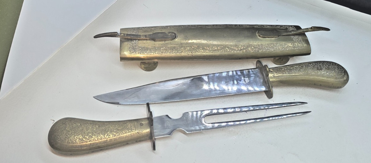 Vtg Ornate Double End Knife Fork Set Locking Sheath Carving India Footed