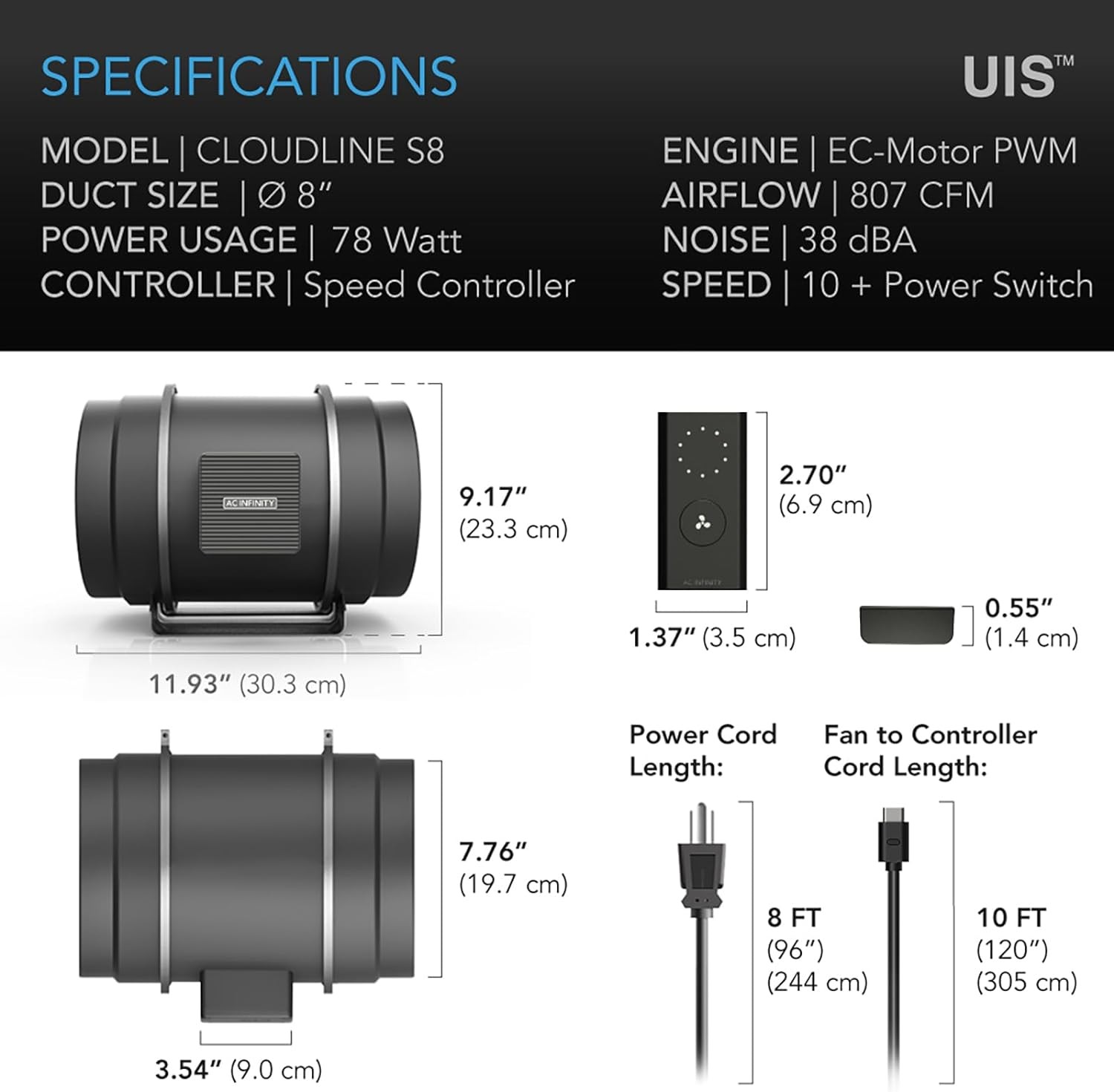 CLOUDLINE S8 PRO, Quiet 8” Inline Duct Fan with 10-Speed Controlle