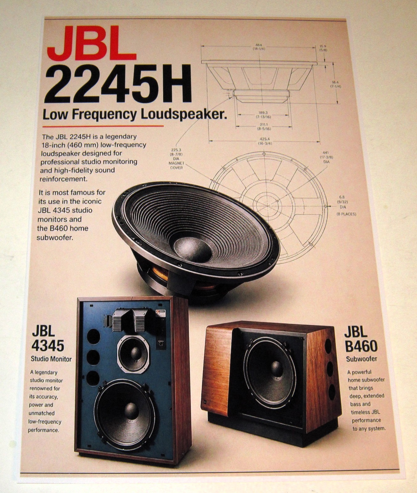 JBL 2245H /B460 Subwoofer/Studio Poster 19" x 13" Audiophile Vintage Horns '81