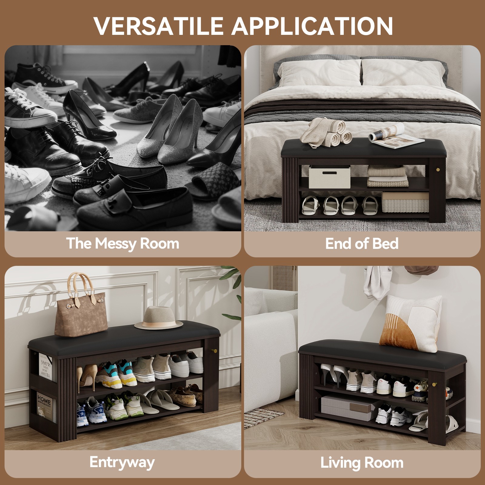 Multi-Functional Leather Storage Bench Entryway Ottoman with Shoe Rack and Hooks