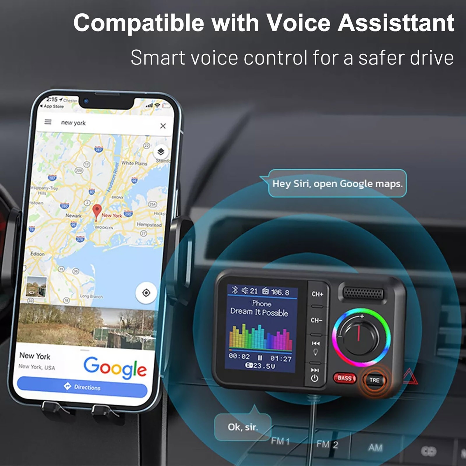 Bluetooth 5.0 Car Wireless FM Transmitter Adapter USB PD Charger Hands-Free
