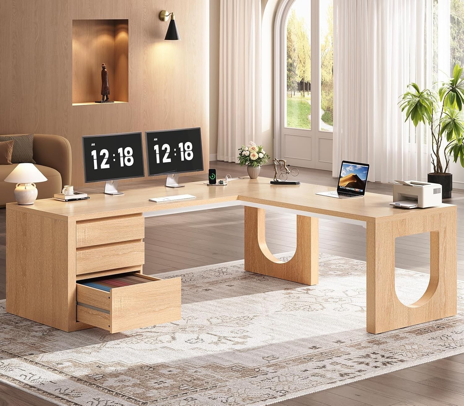 63" L Shaped Desk with 3 Drawers, Wood Corner Computer Desk with U-Shaped Legs