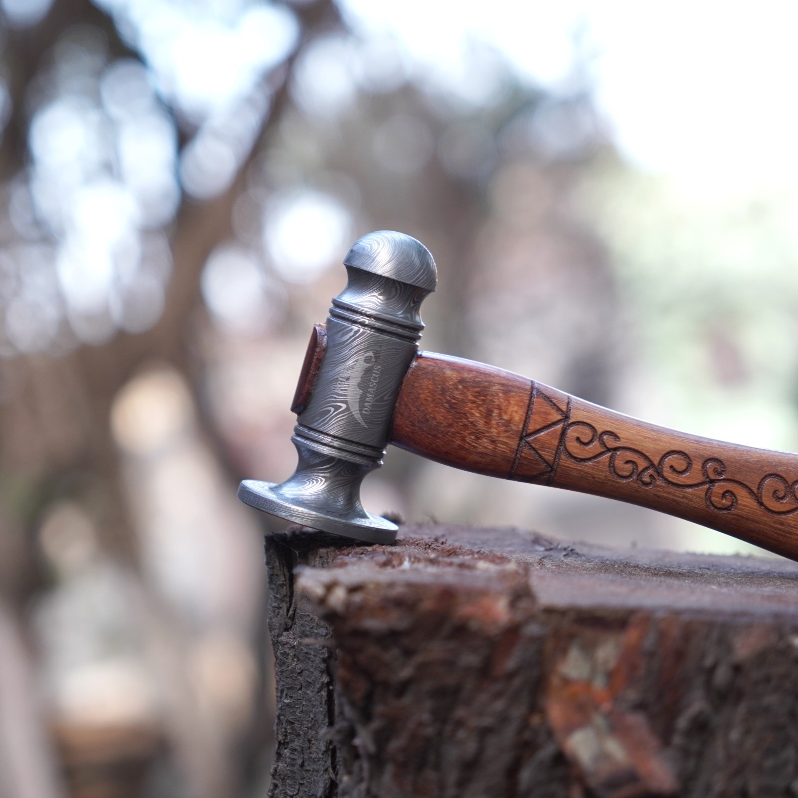 Custom Handmade Damascus Steel Ball Peen Hammer with Engraved Wooden Handle