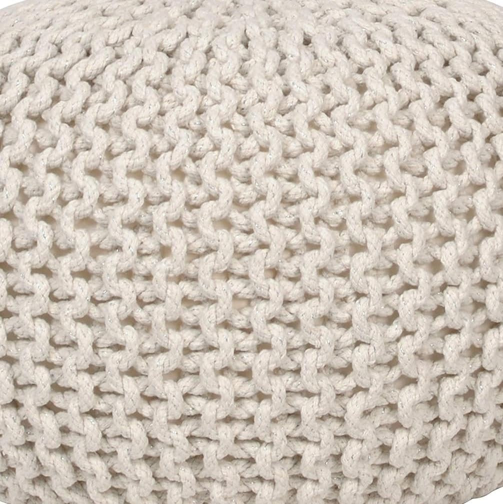 Decor Therapy Lola round Knit Lurex Yarn and Cotton Pouf, Off-White 20X20X14