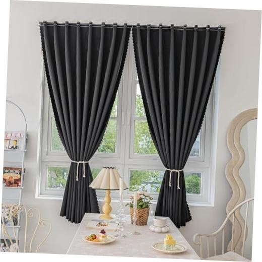 Magic Tape Stick on Curtainsout Curtains for 35"W x 40"L (Pack of 2) Black