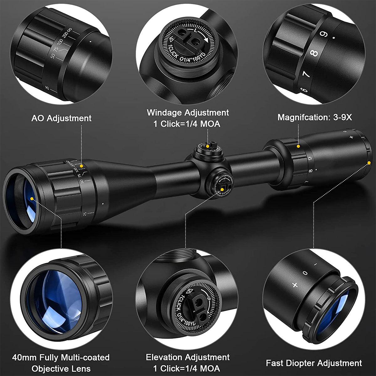 3-9x40AO Rifle Scope Crosshair Reticle Optics Air Gun Scope 20mm Mounts Included