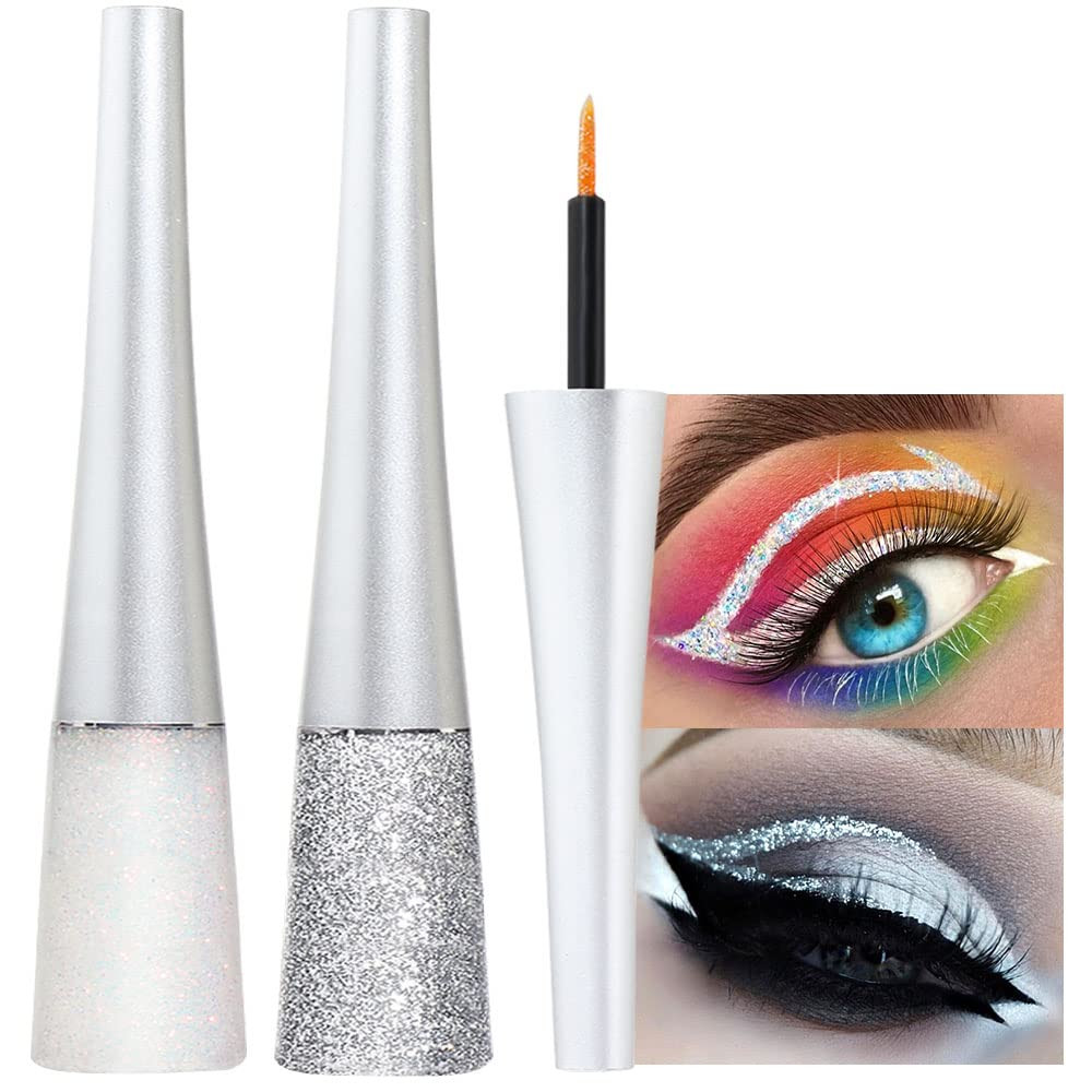 2Pcs Pearl White Silver Color Liquid Glitter Eyeliner Liners Sets for Women Liqu