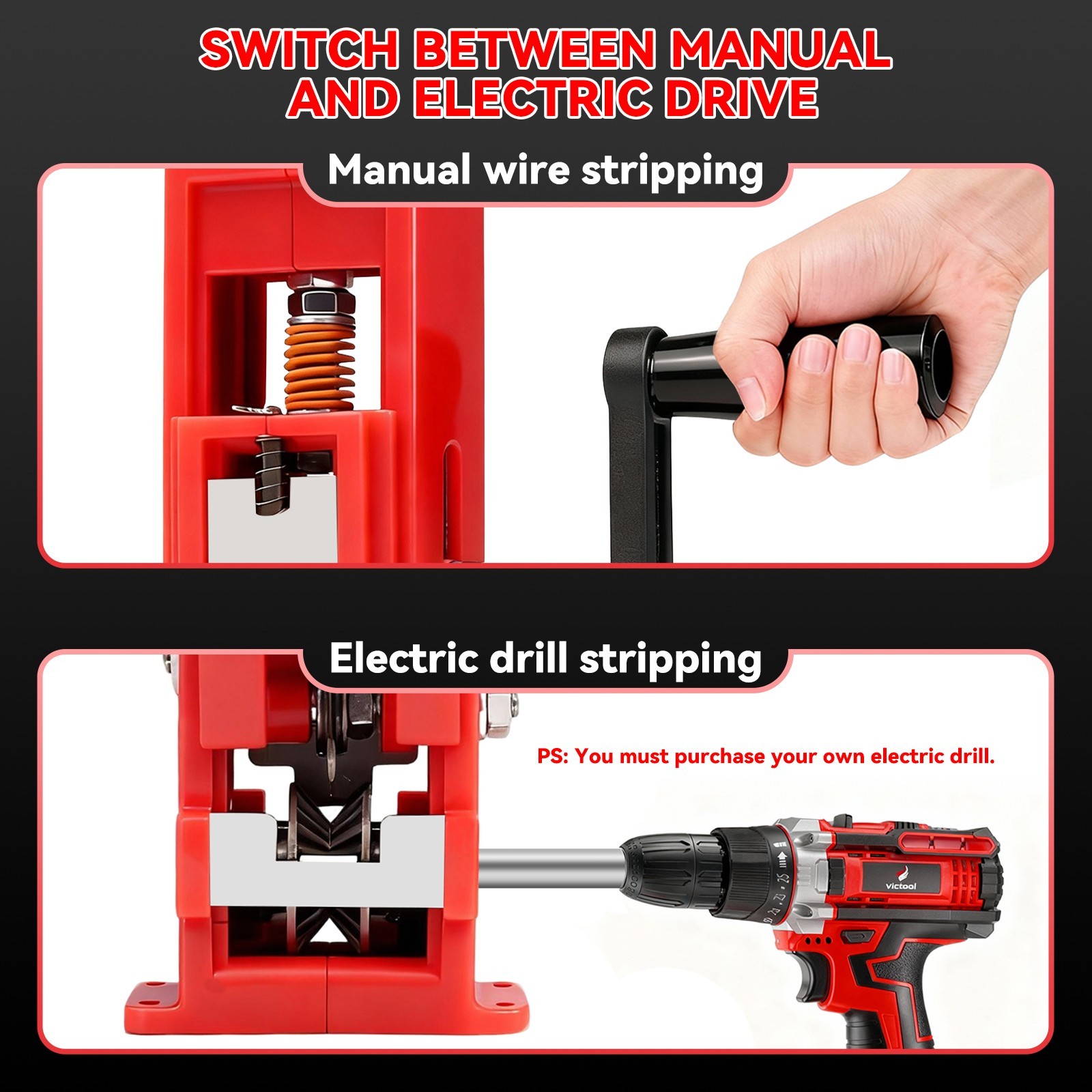 Wire Stripper Machine Hand Crank & Drill Driven Scrap Cable Peeler Tool 14AWG-1"