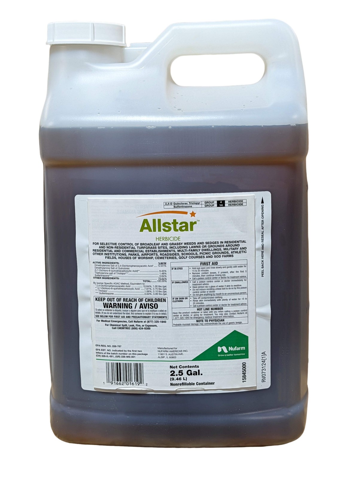 Allstar Herbicide Crabgrass Clover Nutsedge Killer 2,4-D Quinclorac jug 2.5 gal