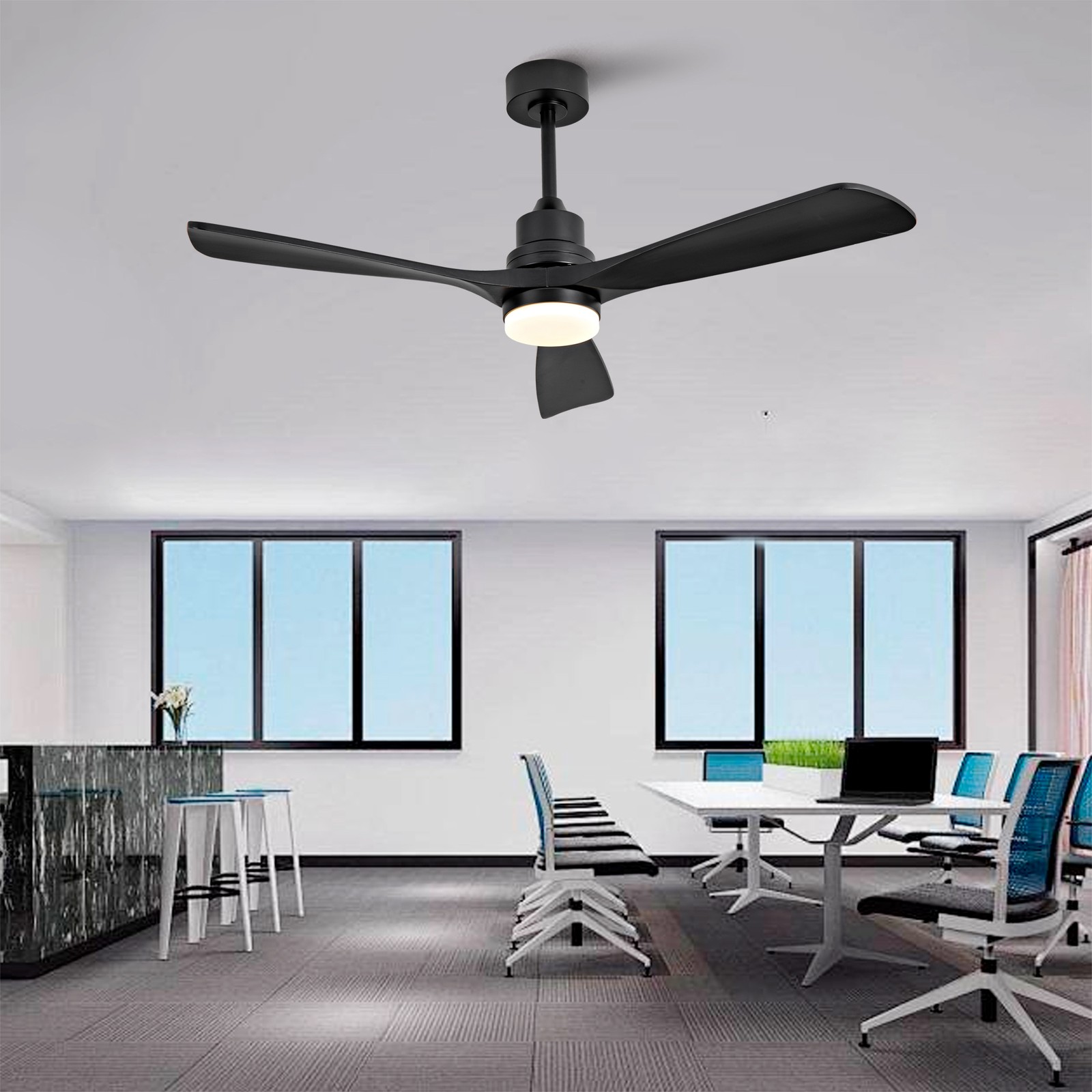 52" Modern Black Ceiling Fan With Light 3 Solid Wood Blades Remote Control