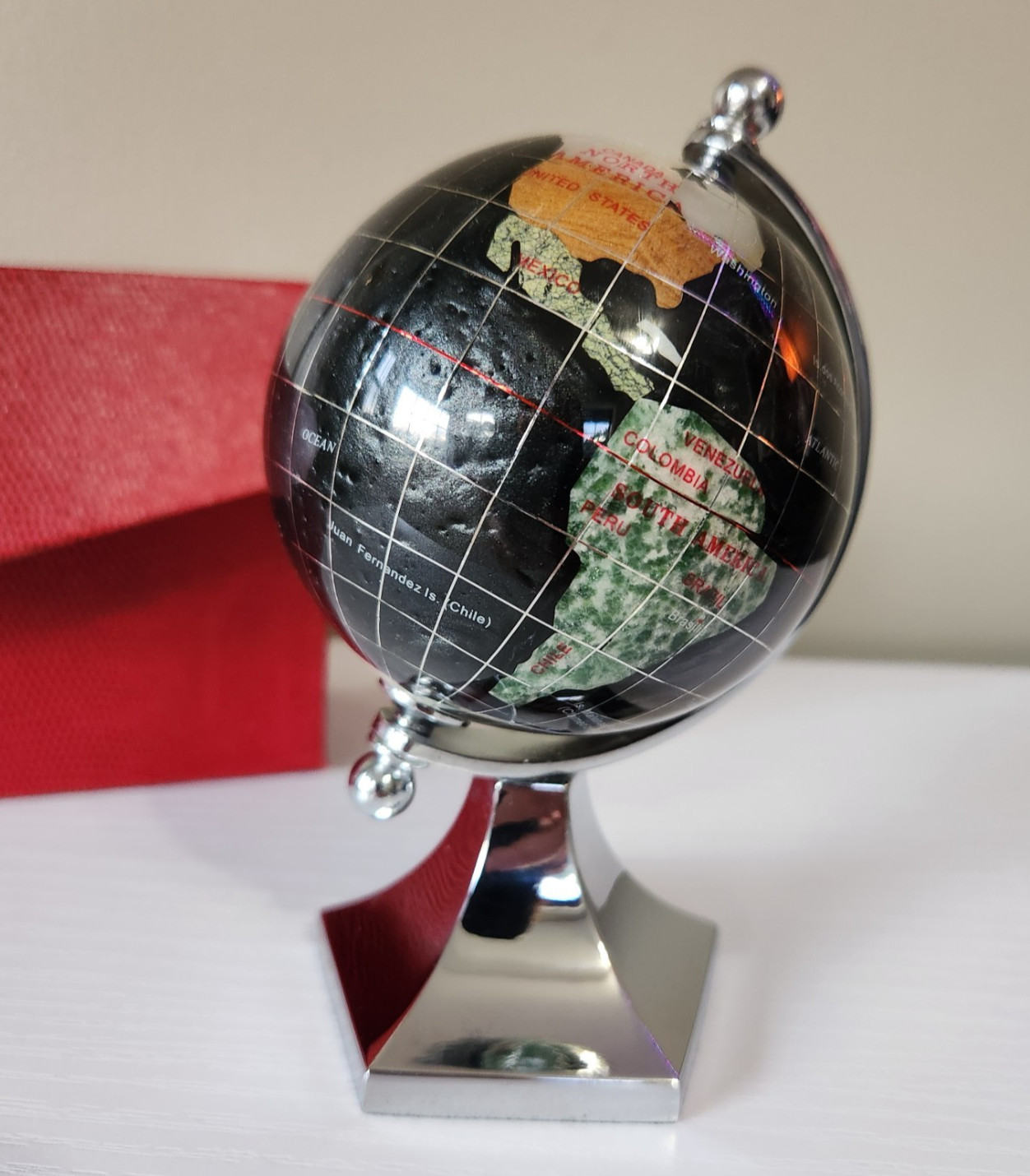 Black Opalite Gemstone Globe 3" Silver Stand Desktop Decor With Box