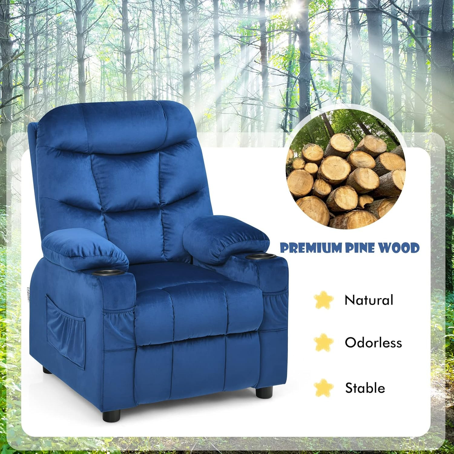 Larger Kids Recliner Chair, Adjustable Lounge Recliner W/ 2 Cup Holders, 1 Side