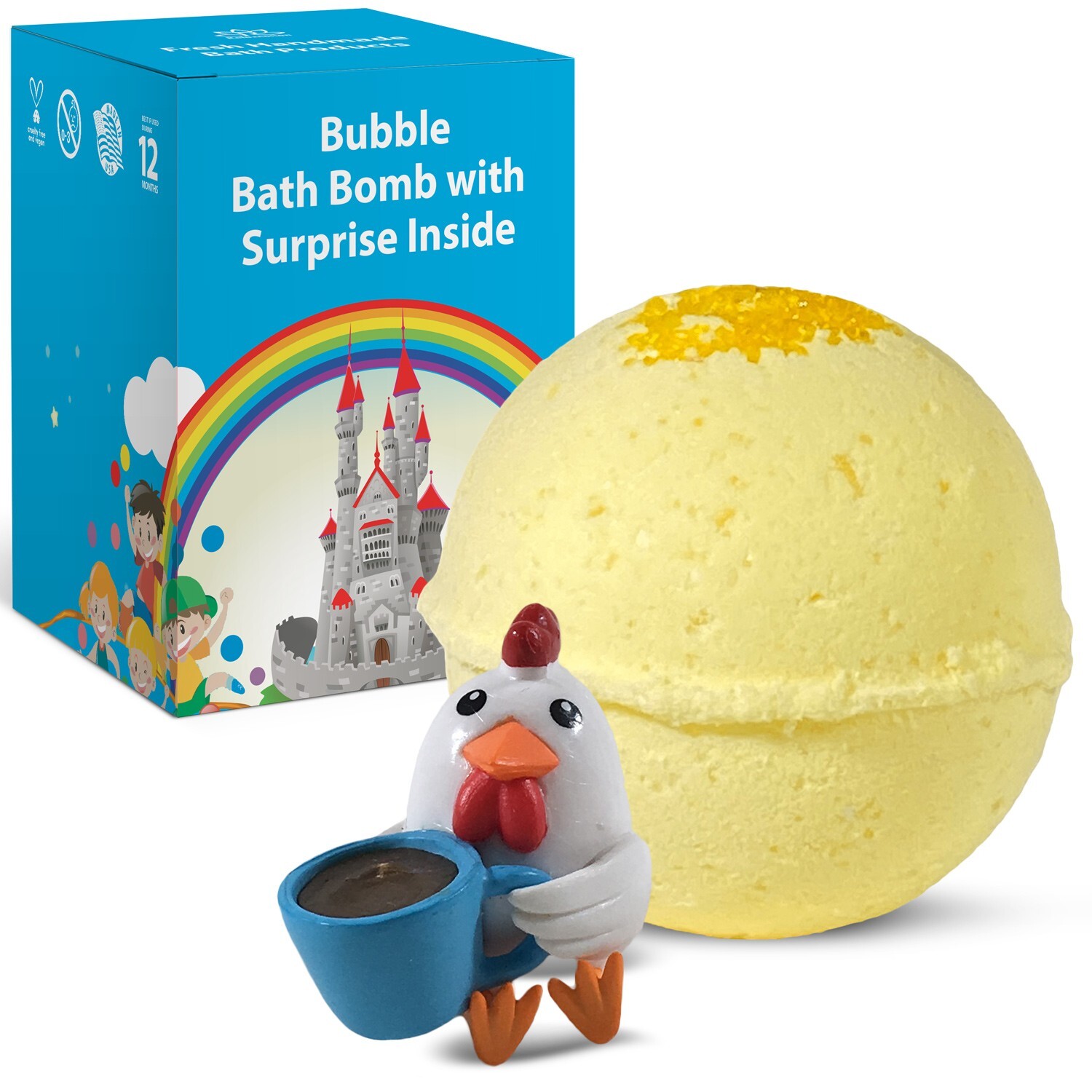 1 Bubble Bath Bomb for Kids with Surprise Rooster Toy Inside - Handmade in USA