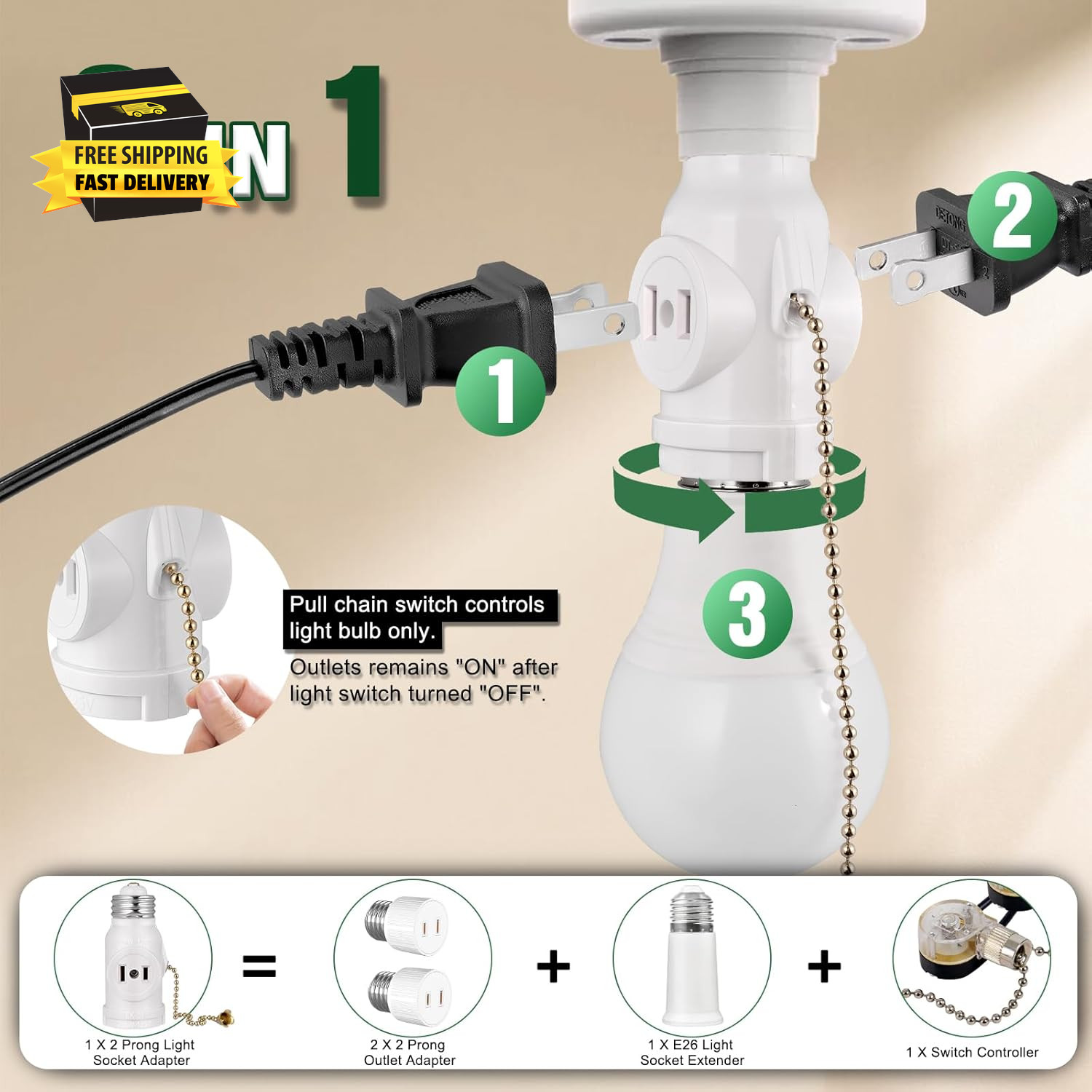 2-Pack E26 Light Socket Adapter - Converts Medium Screw Socket to Two Outlets wi