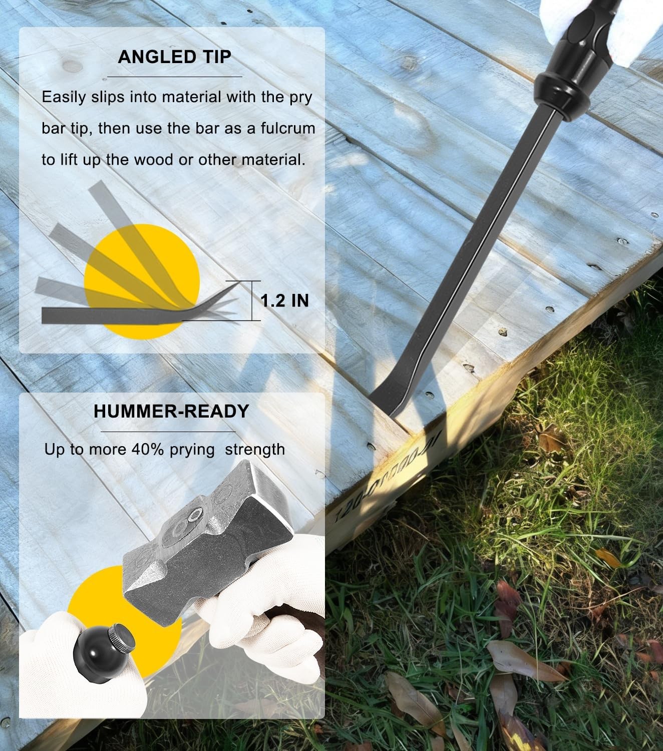 Angled End Handled Pry Bar with Striking Cap Set Steel 12, 17, 25 in. Heavy Duty