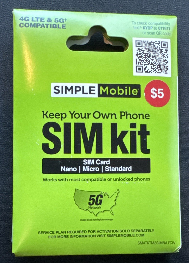Simple Mobile Keep Your Own Phone SIM Kit 4G LTE/5G Android/iPhoneCompatible