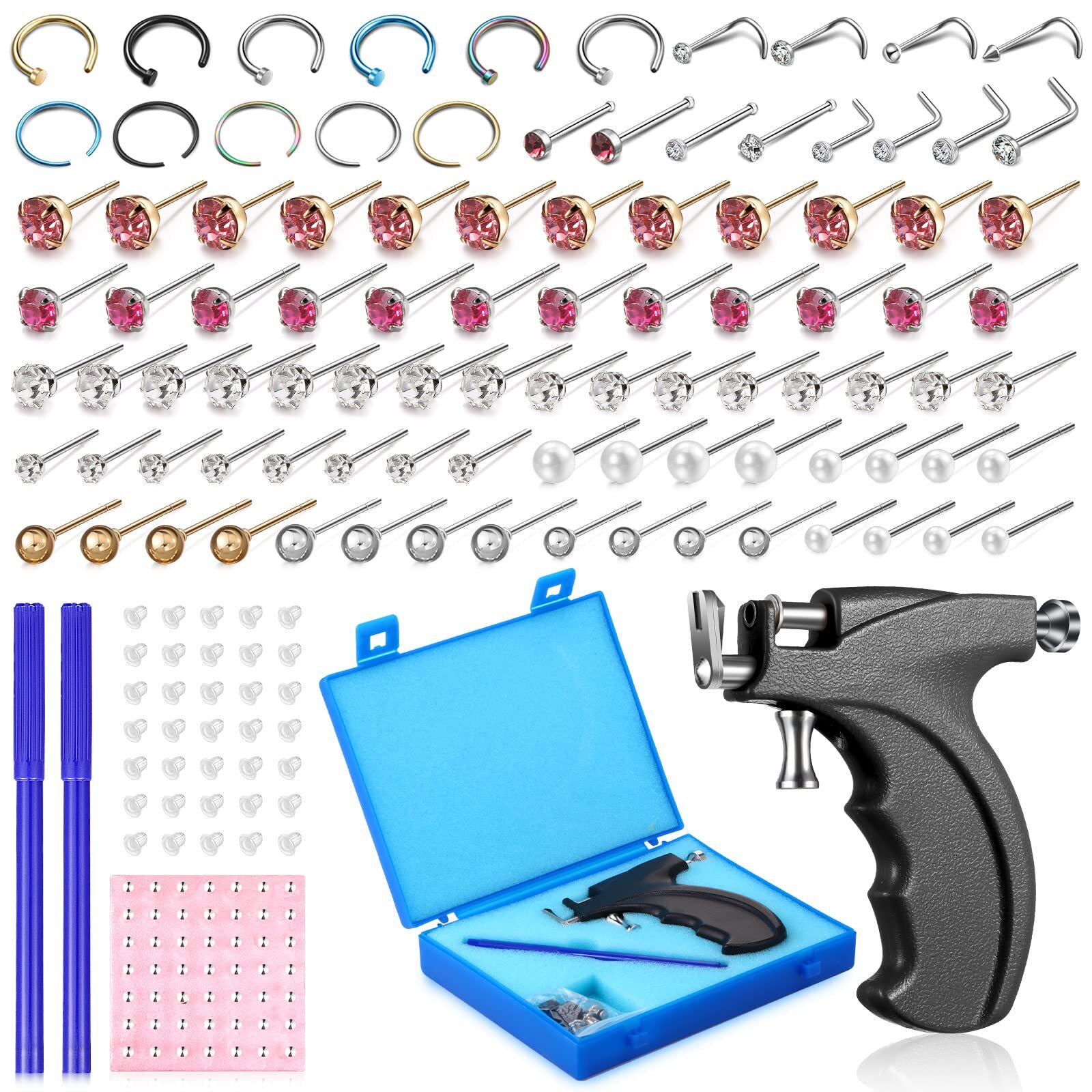 157 Pcs Stainless Steel Body Ear Piercing Gun Tool Set 6 Pairs Studs 98 Earri...