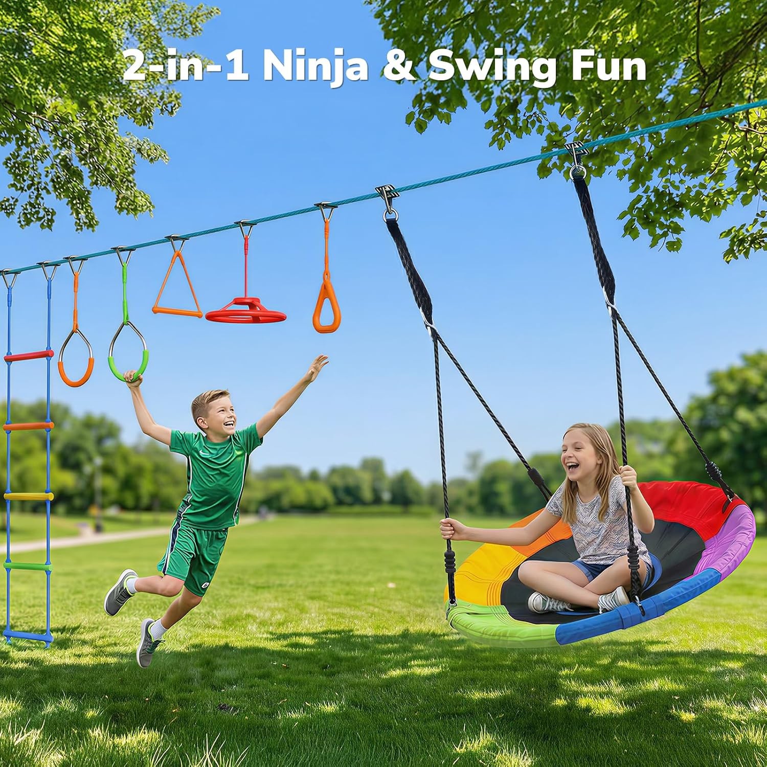 2X 50ft Ninja Warrior Obstacle Course for Kids Slackline w/ Monkey Bars Climbing