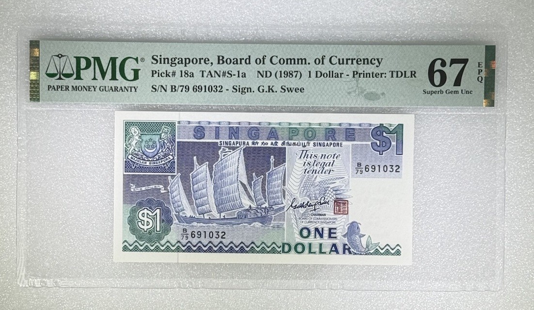 1987 Singapore Board of Comm.of Currency 1 Dollar Pick#18a PMG 67 EPQ UNC
