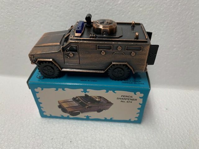 SWAT VEHICLE BRONZE DIE CAST METAL COLLECTIBLE PENCIL SHARPENER / BOX NEW