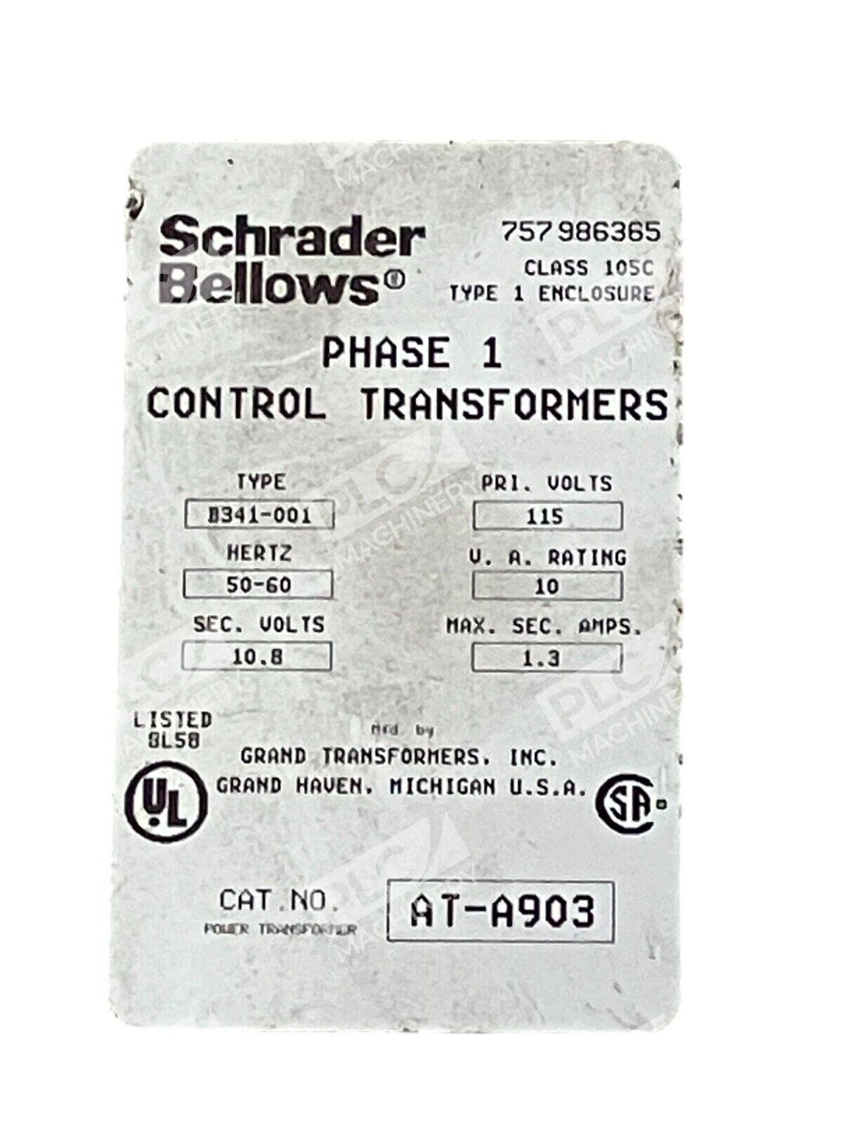 Schrader Bellows AT-A903 Phase 1 Control Transformers B341-001