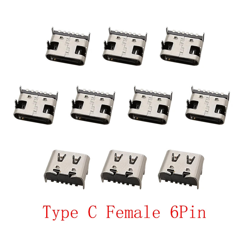 10Pcs USB Type C 6 Pin Female Jack Charging Port Connectors SMD PCB...