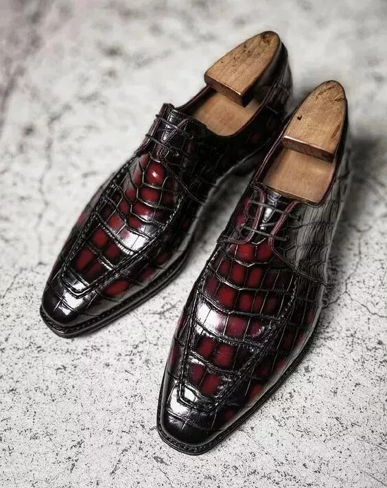 New Handmade Oxford Burgundy Crocodile Leather Causal Lace Up Formal Dress Shoes