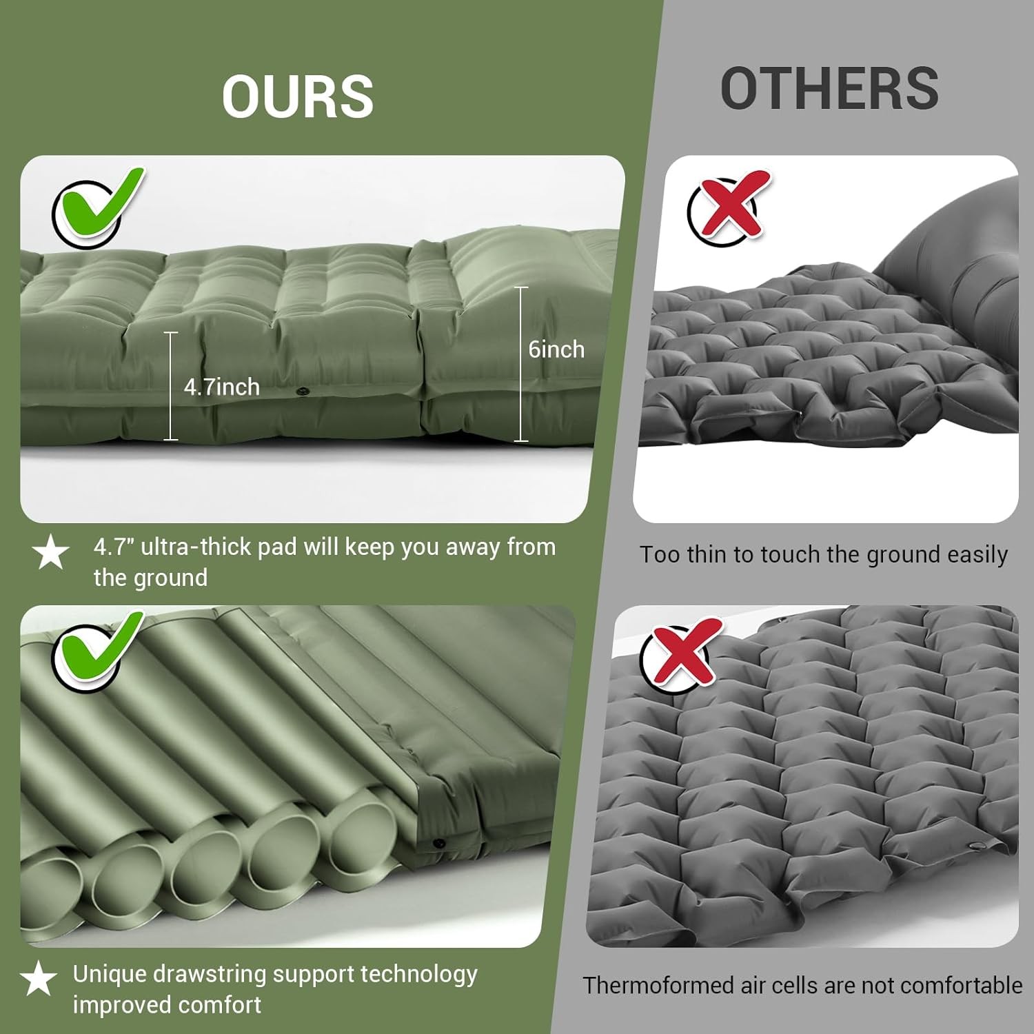 4" Thick Single Sleeping Pad for Camping, Fast Inflating Camping Pad w/ Pillow