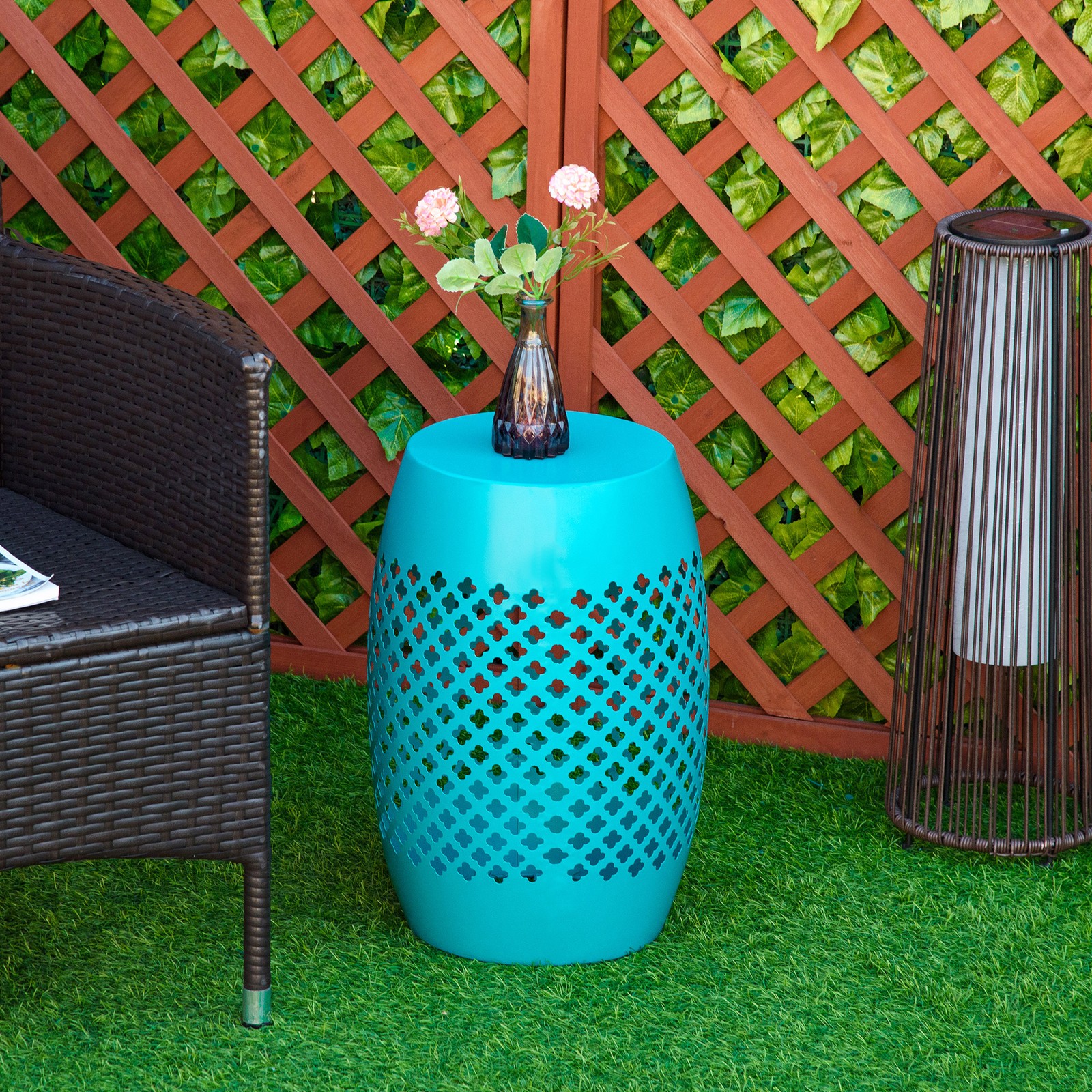 Chic, Modern, Outdoor & Indoor Garden Steel Round Side Table, Hollow Drum, Blue