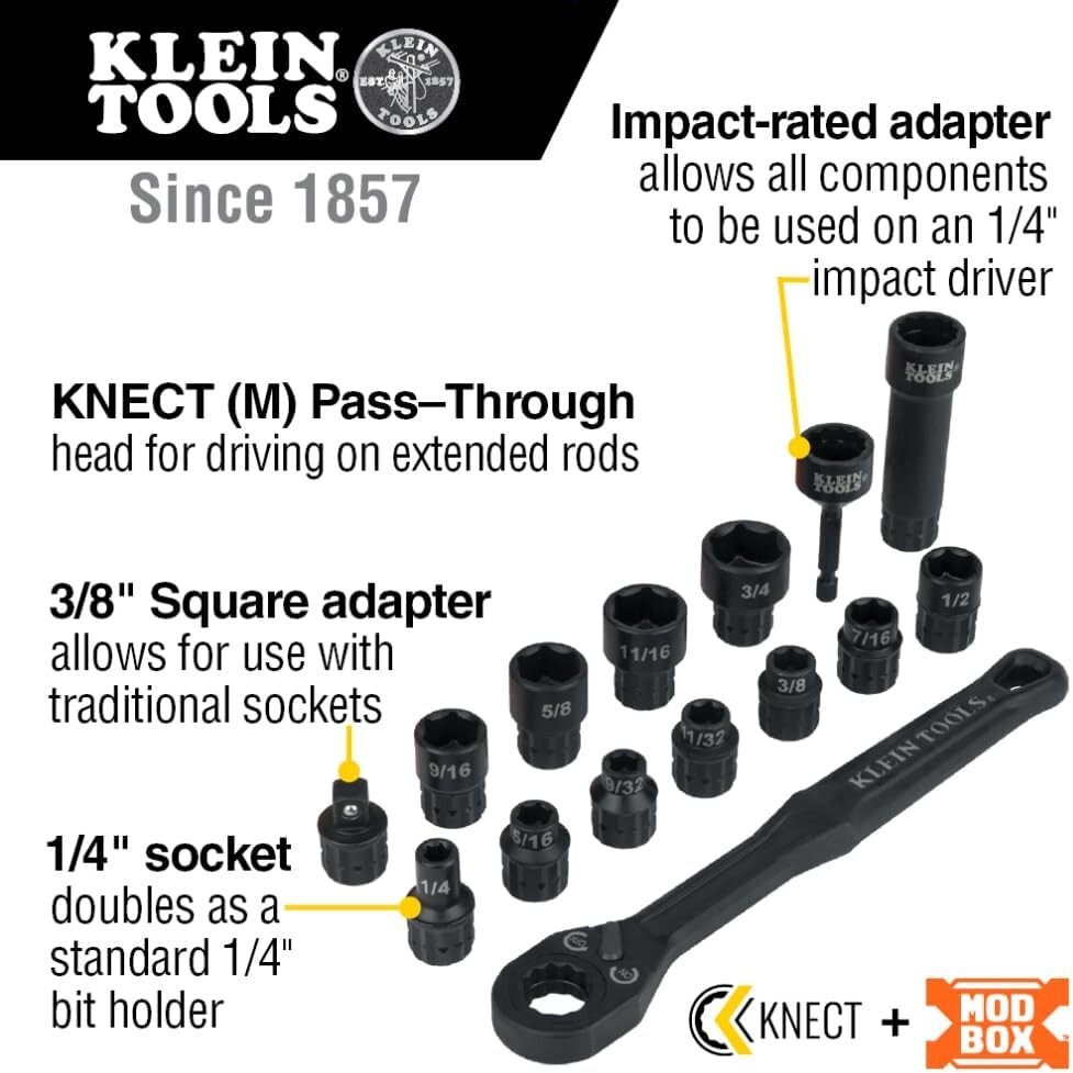 Klein Tools 65400 15-Piece and 65300 32-Piece Pass Through Socket Sets with MODb