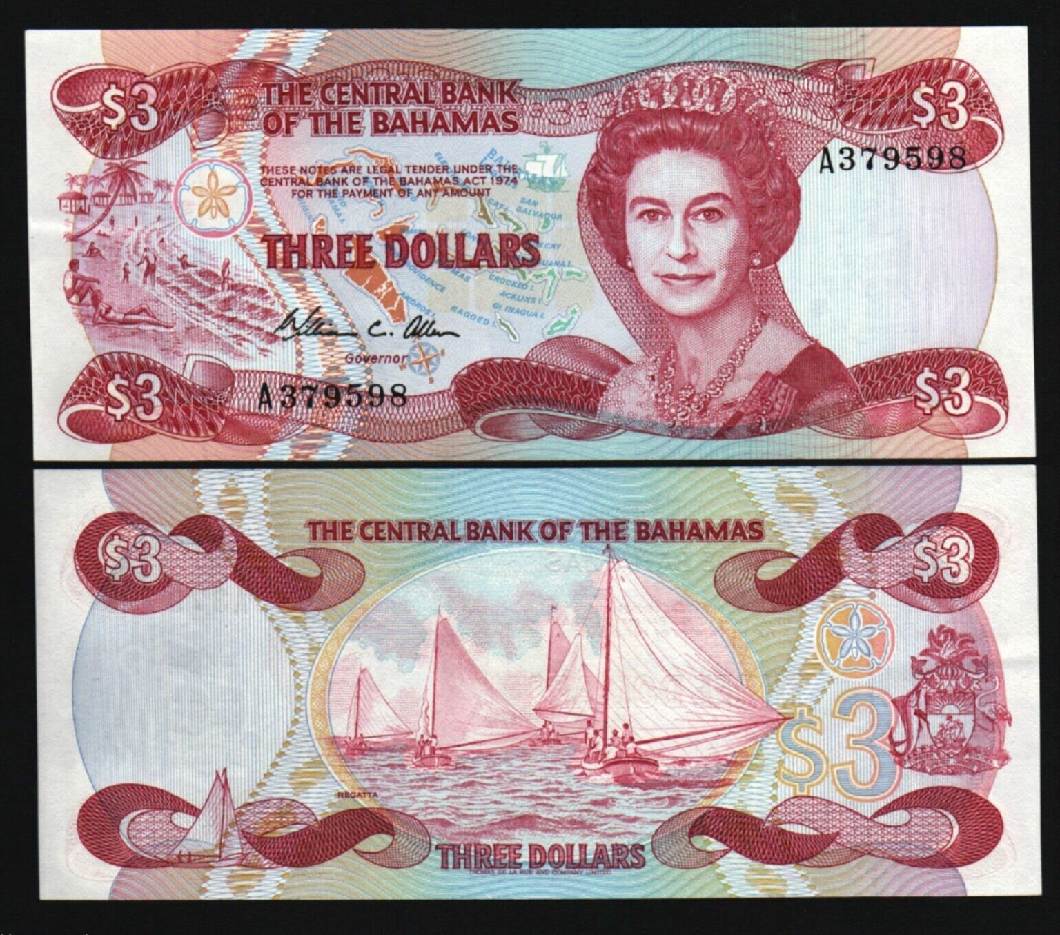 BAHAMAS 3 Dollars P-44 1974 (1984) x 1 Pcs Queen Elizabeth II England UNC NOTE