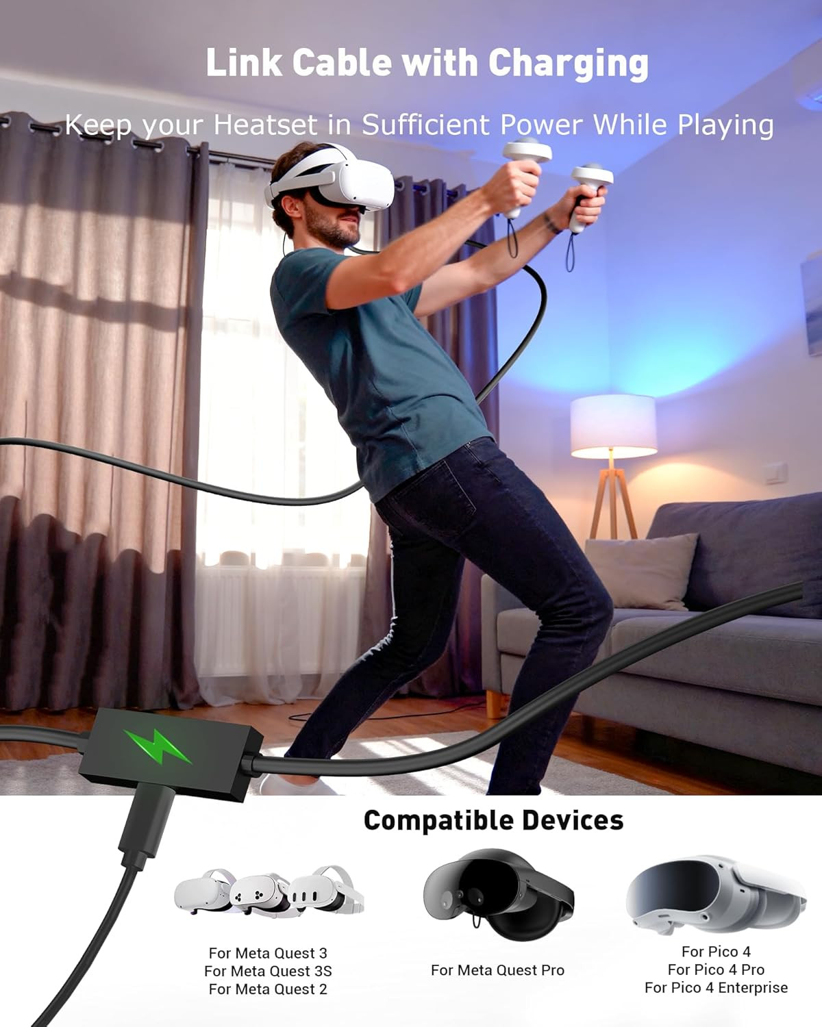Link Cable with Charging for Meta Quest 3S Oculus Quest 3 Quest 2/Pro, Pico 4, U