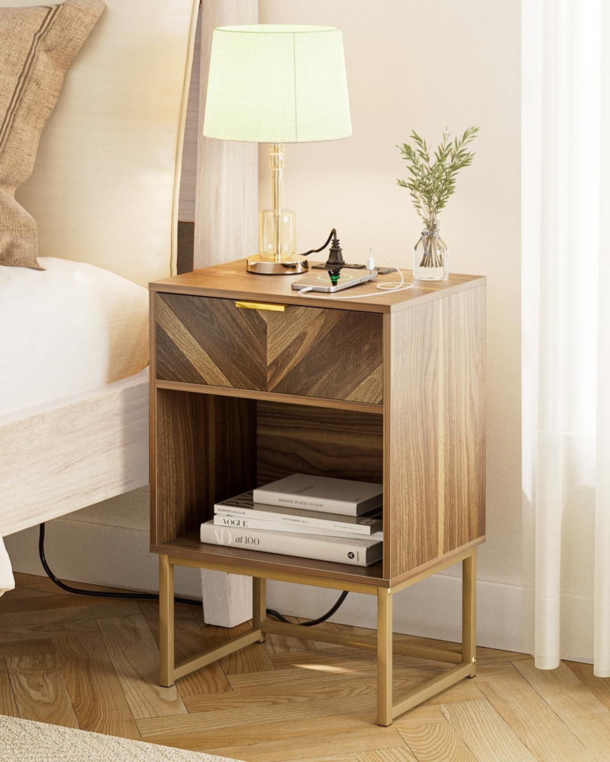 Nightstand with Charging Station, Boho Night Regular size, Walnut With Outlet