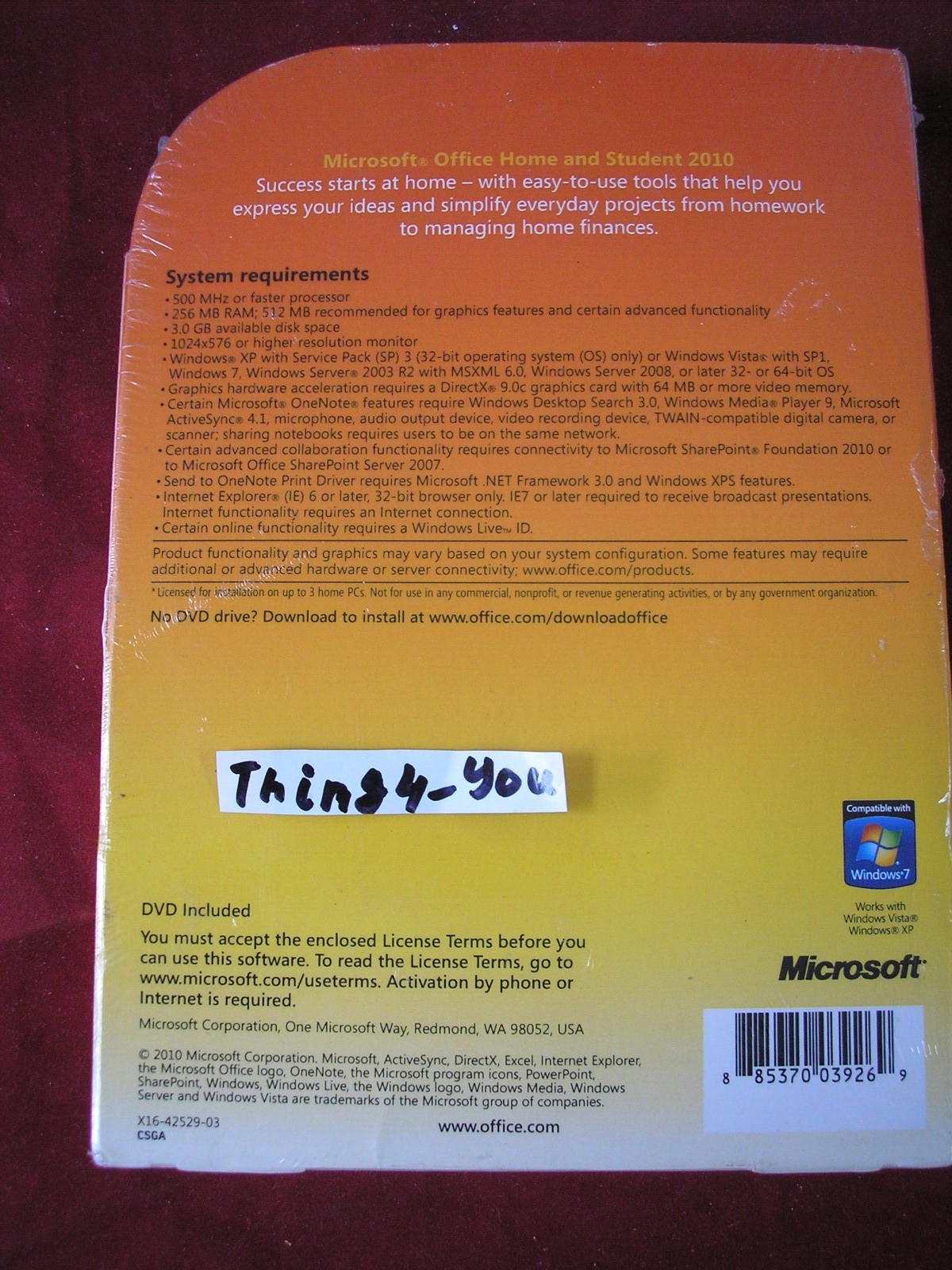 Microsoft Office 2010 Home and Student For 3 PCs Full Version =NEW SEALED BOX=