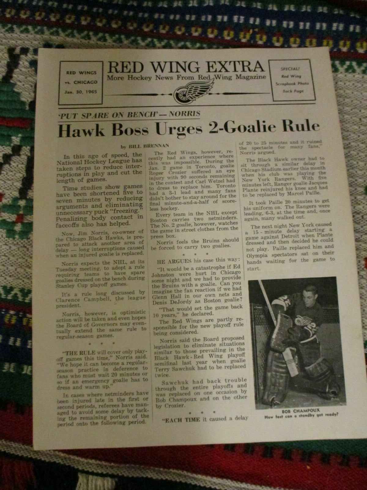 January 30, 1965 DETROIT RED WINGS Vs Chicago Blackhawks Program Insert Extra