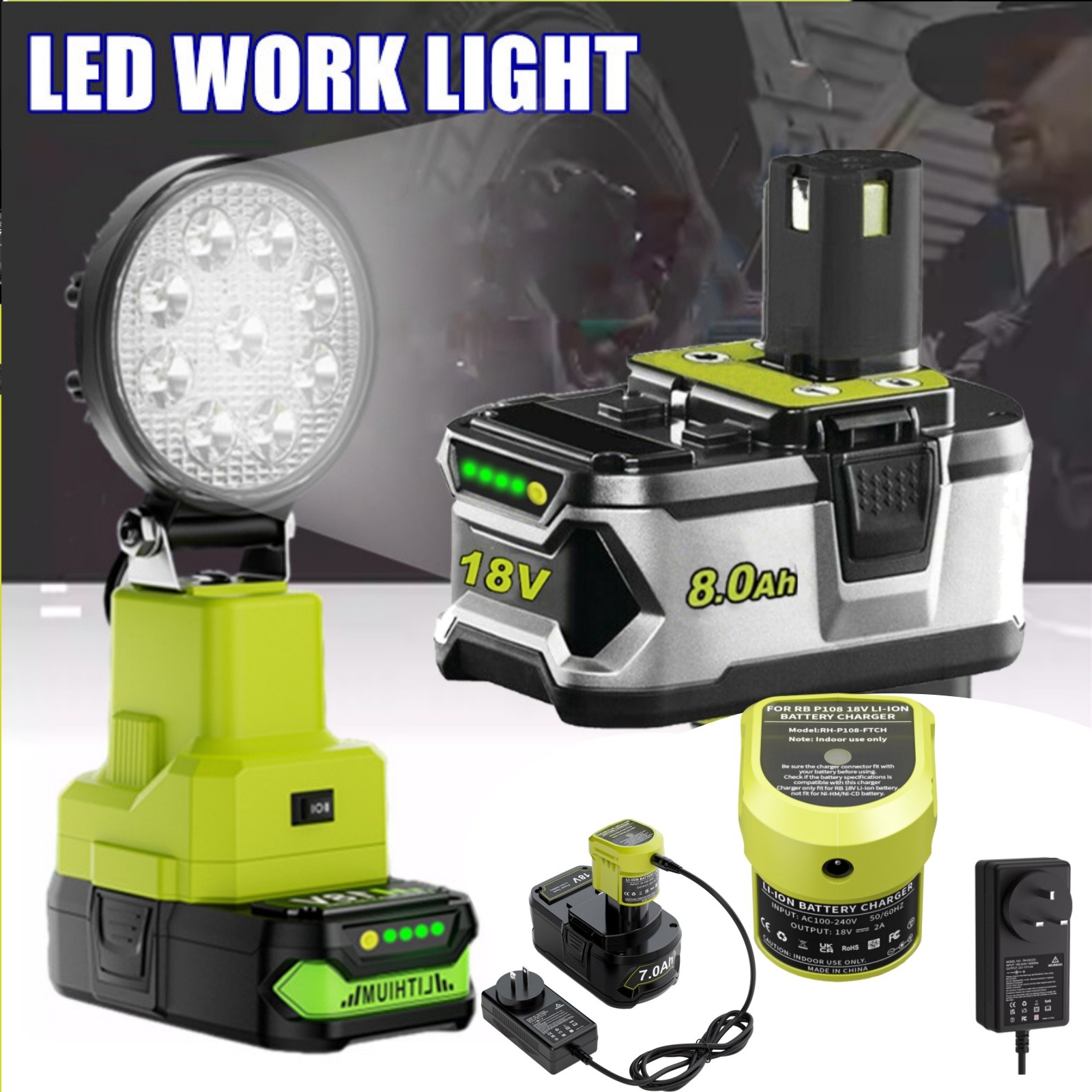 18W Cordless LED Work Light For Ryobi 18V Li-ion Battery 2100LM 6000k New