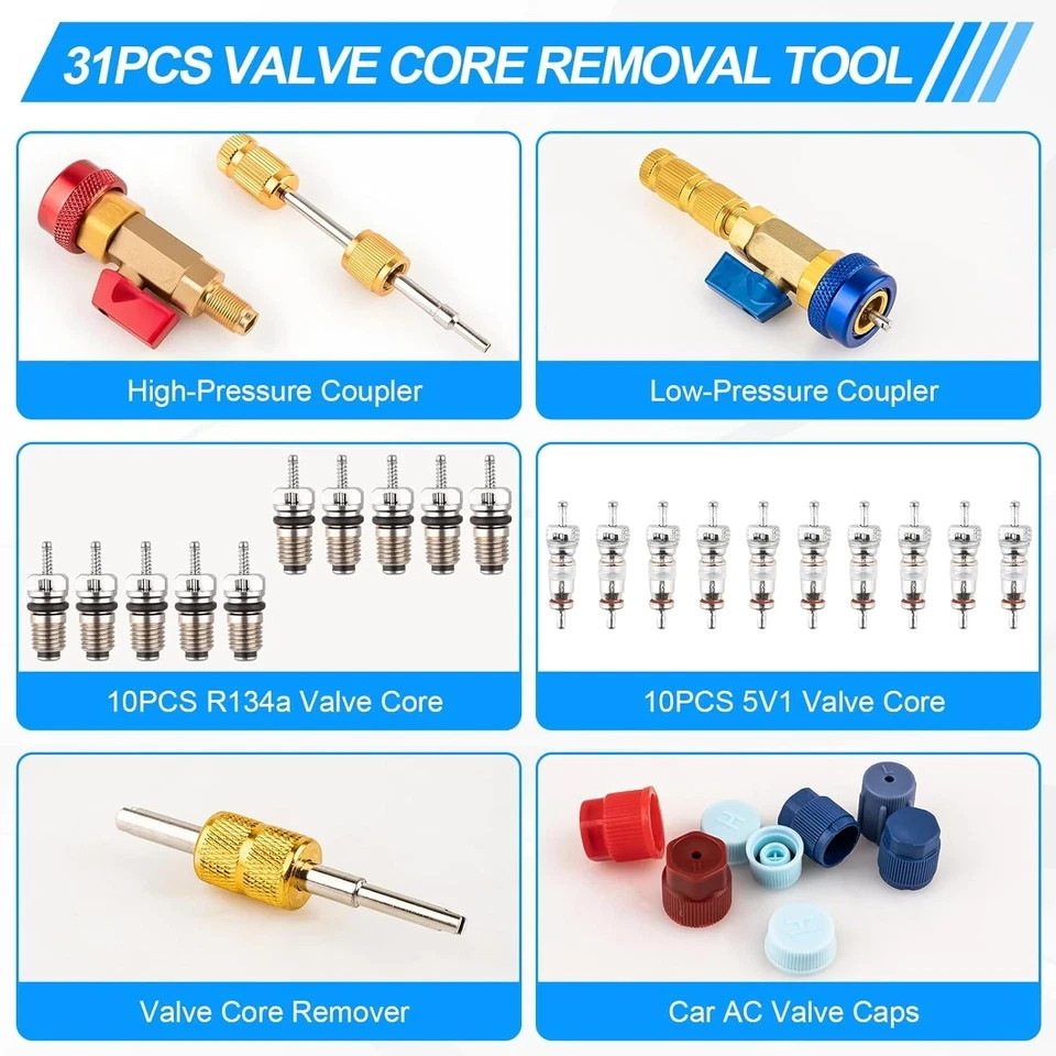 31PCS Professional AC Valve Core Removal Tool for R134A Refrigerant Systems, Qui
