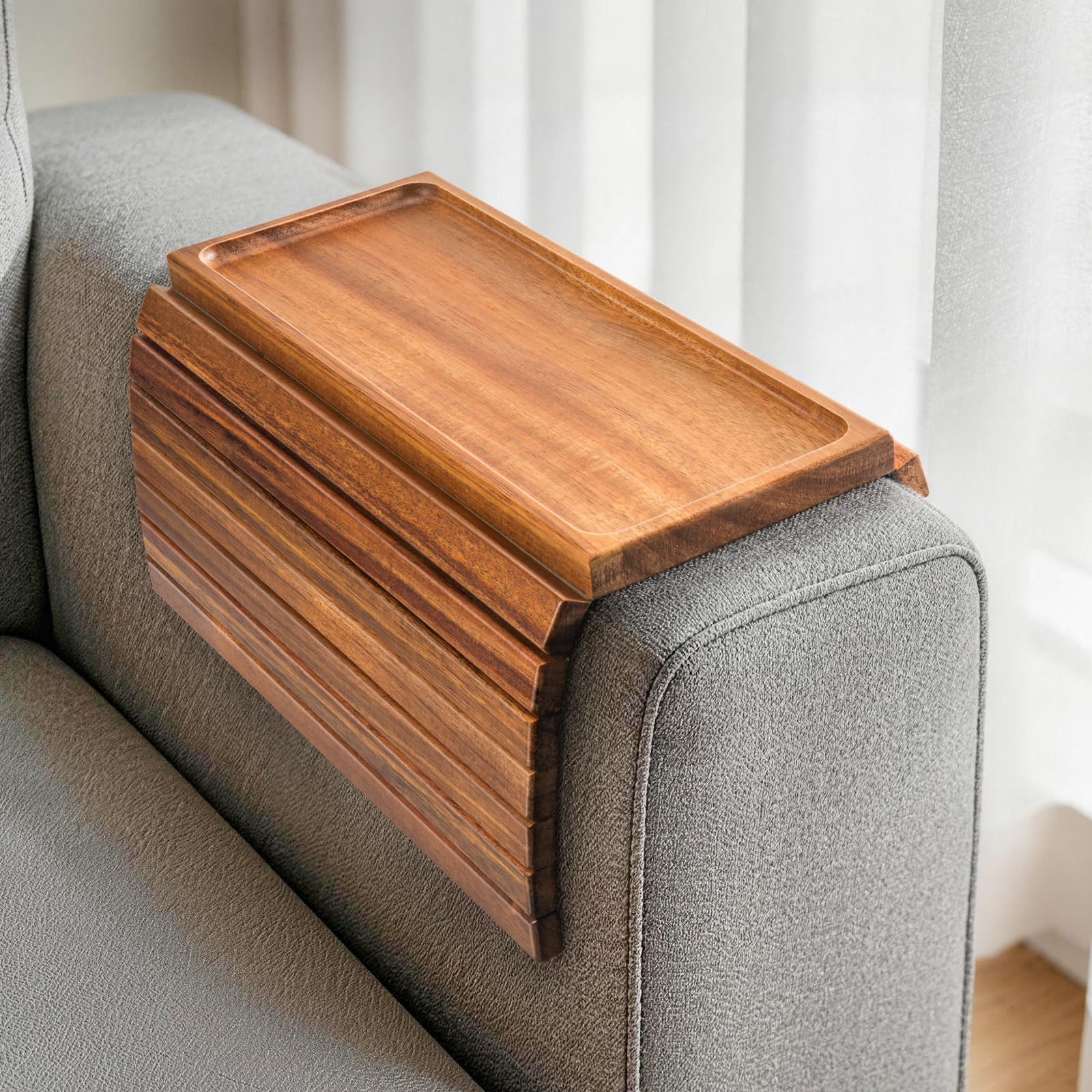 Acacia Wood Couch Armrest Table, Couch Arm Tray, Foldable Anti-Slip Wood Couc...