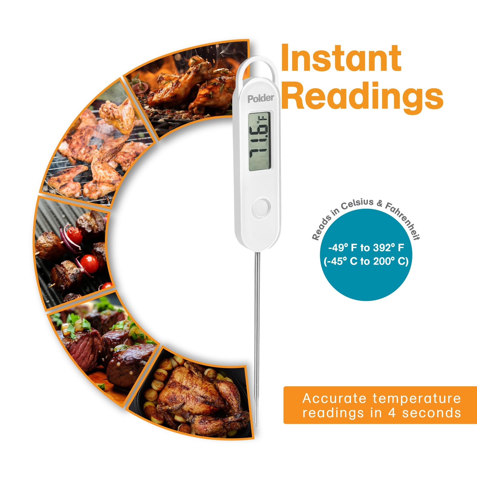 Polder Stable-Read Instant Read Thermometer, Digital Thermometer for Cooking,...