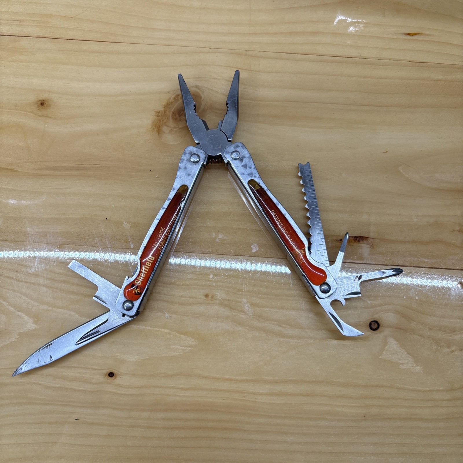 SHEFFIELD #1200E STAINLESS STEEL FOLDING PLIERS & MULTI TOOL KNIFE SAW