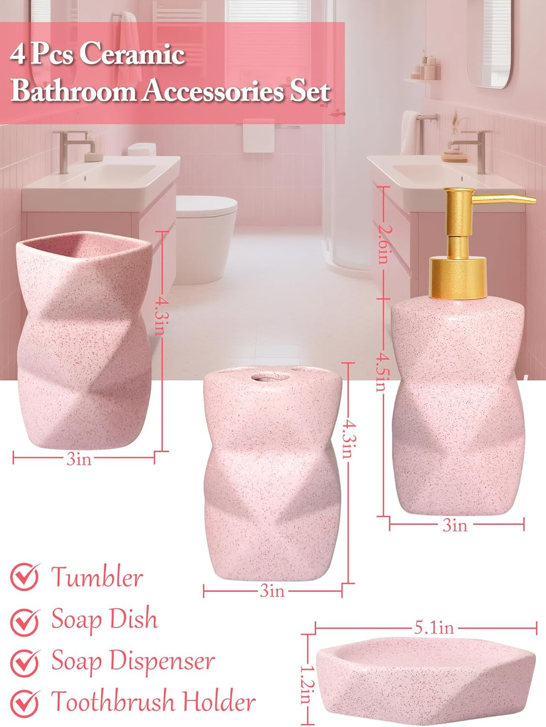 Bathroom Accessories Set,4 Pcs Bathroom Accessory Set,Includes Lotion Soap Dispe
