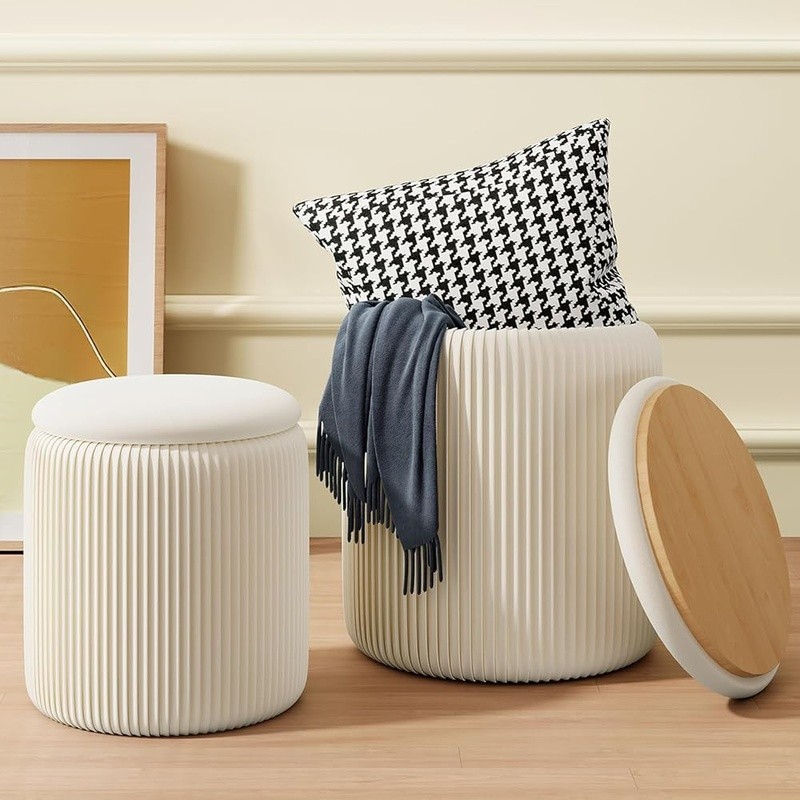 Round Ottoman Storage Set of 2 Velvet Pouf Makeup Footstool Living Room New