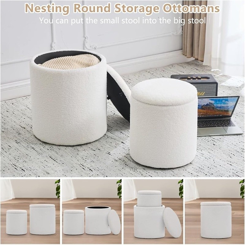 Round Velvet Ottoman Storage Stool Nesting Set Multifunctional Footrest 2-in-1