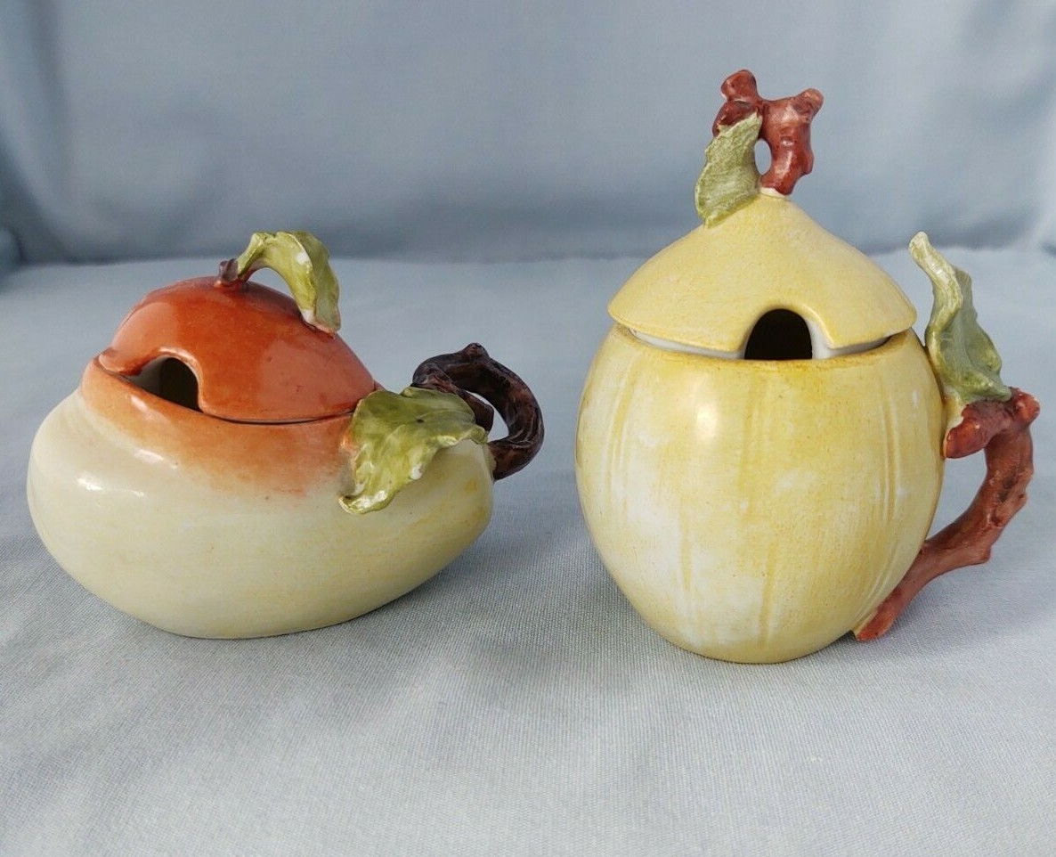 Two Porcelain Germany Figural Fruit Mustard Jars