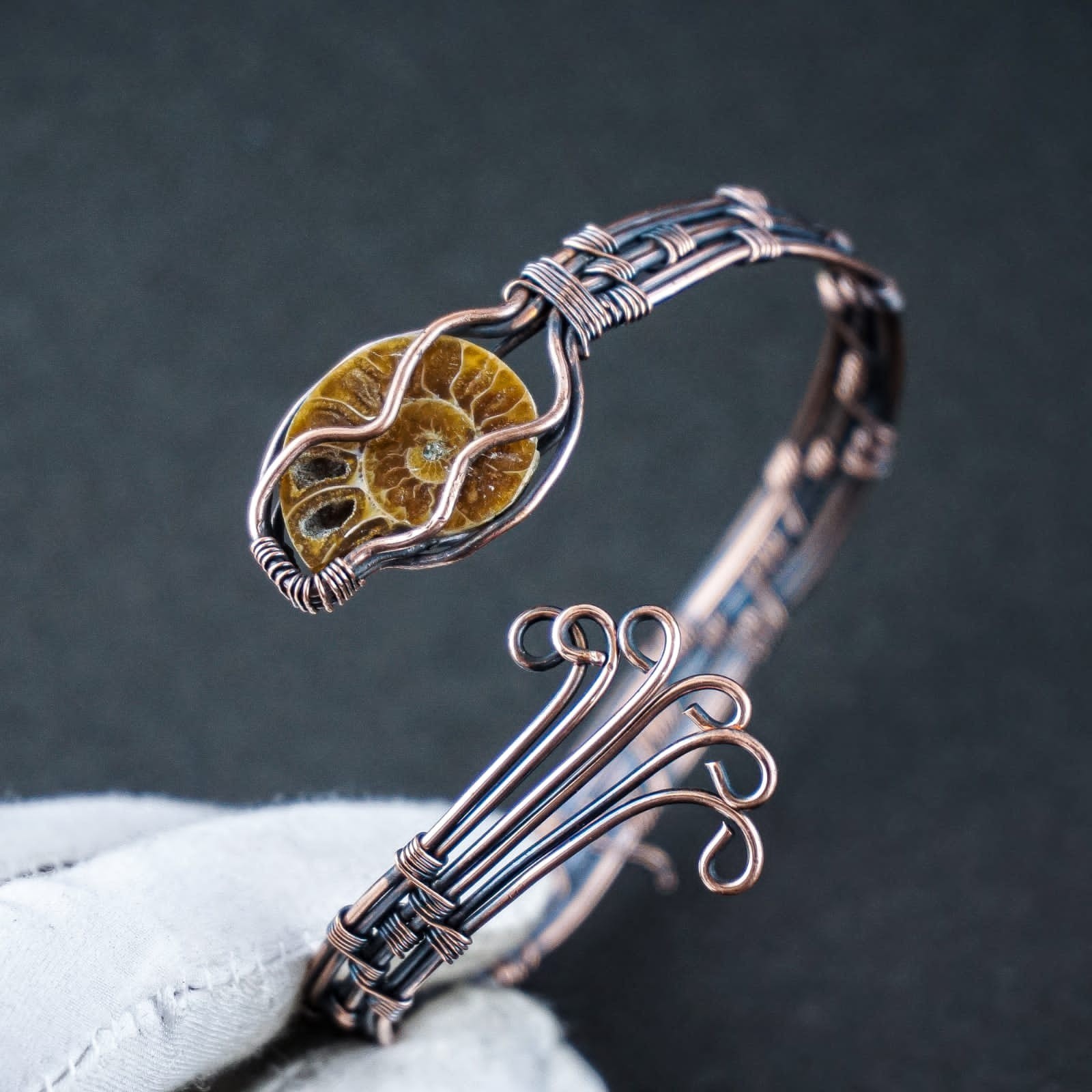 Ammonite Fossil Copper Wire Wrapped Cuff Bracelet Handmade Boho Artisan Bangle