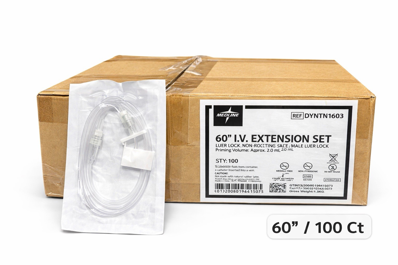 Medline 60” Extension Set DYNTN1603 Clamp Luer Lock Smallbore Sterile 100Ct